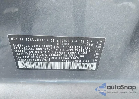 2021 Volkswagen Jetta 1.4T R-Line/1.4T S/1.4T Se z USA, uszkodzony, nr VIN 3VWC57BU3MM017818
